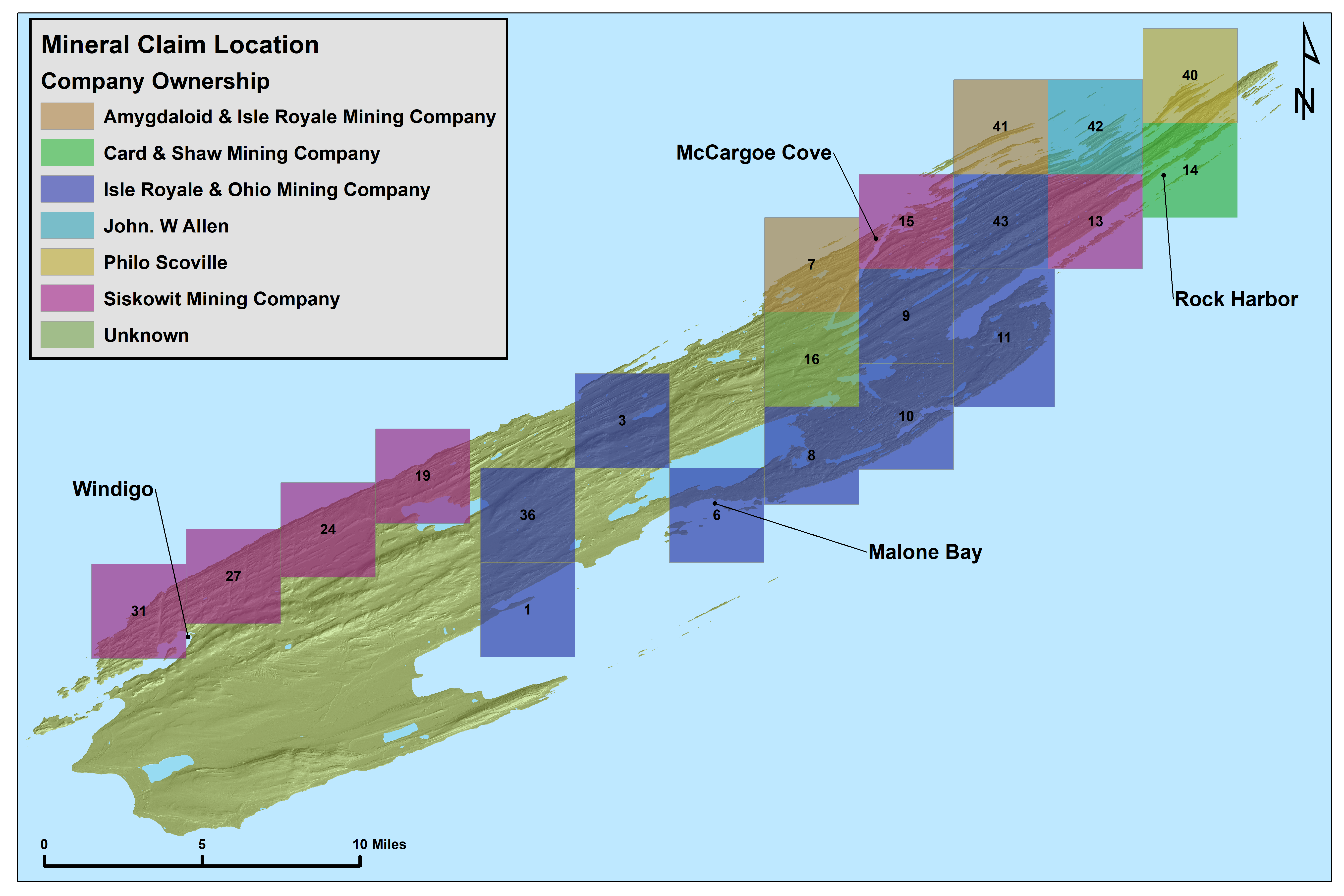 Map of Isle Royale featuring a group of 7 colored squares representing mineral claims.