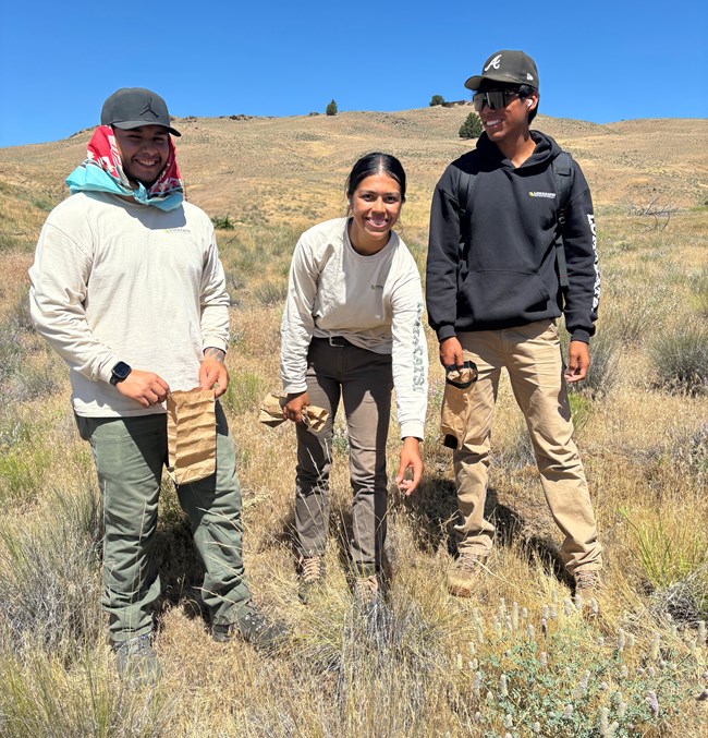 Two young men and one young woman stand among native plants in a high desert.