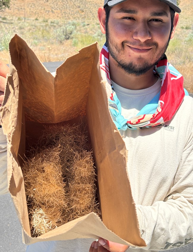 A young man holds a paper grocery bag full of seeds.