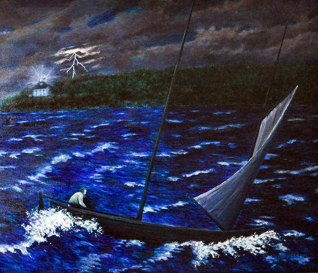 A painting of a man on a sailboat in rough waves with a lightning bolt in and white two story lighthouse tower shinning in the distance.