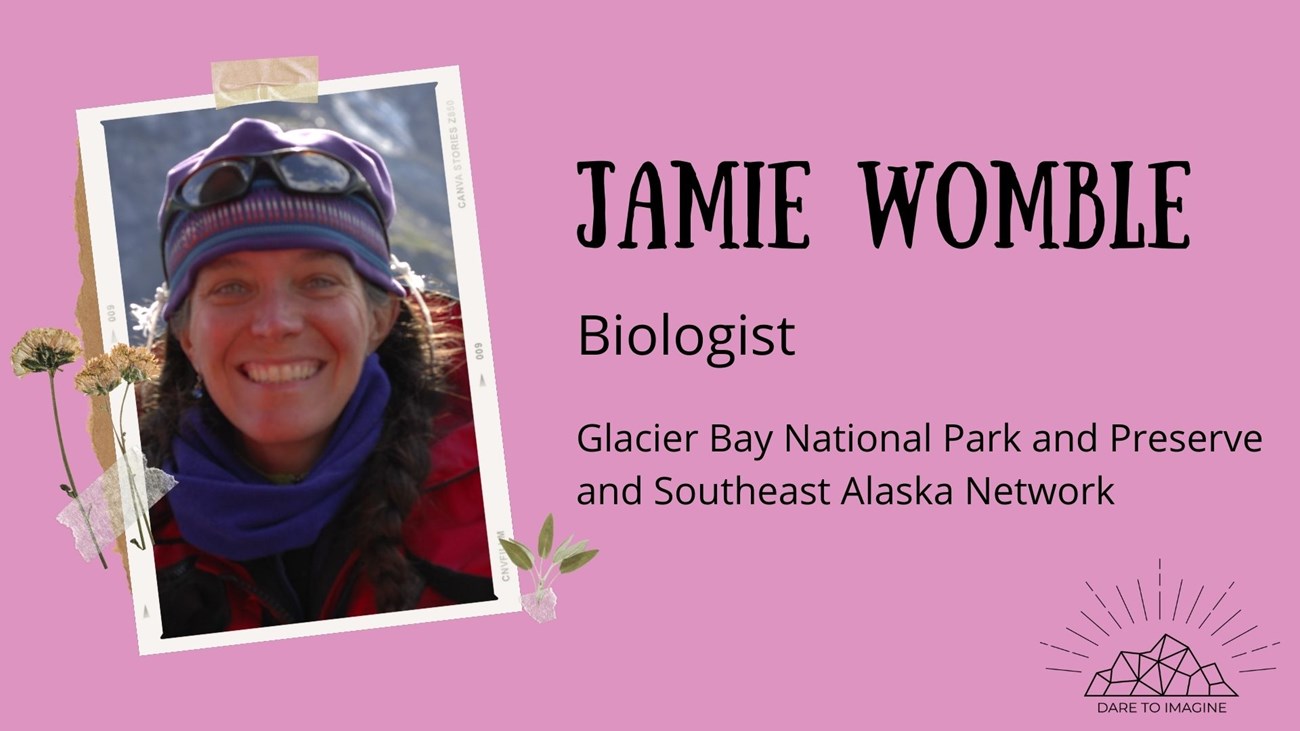 Jamie Womble graphic of a woman in a wool hat text reads Jamie Womble, Biologist