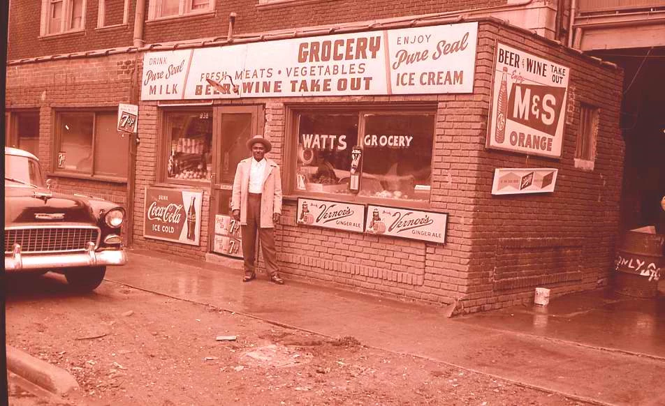 Watts Grocery in Flint, Michigan, c1956, from the collections of Kettering University. Watts Grocery in Flint, Michigan, c1956, from the collections of Kettering University.