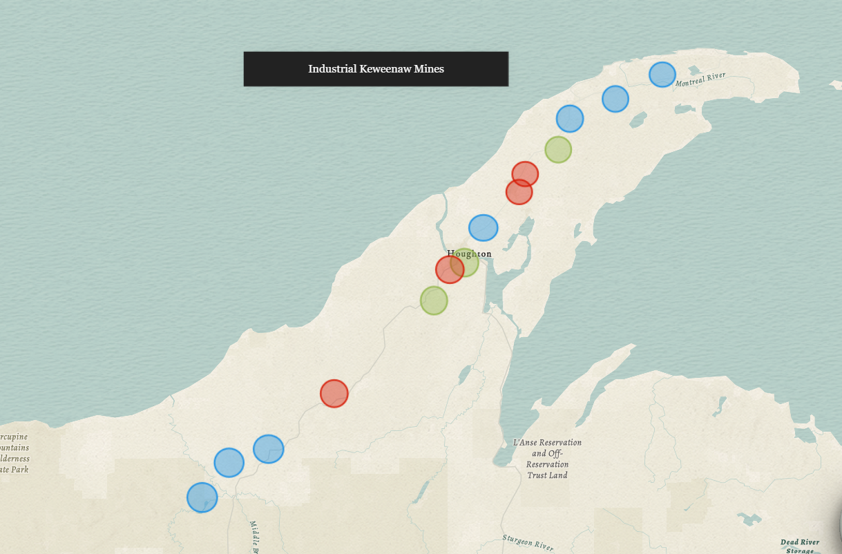 Map focuses on the Keweenaw Peninsula which juts into Lake Superior. There are 3 groups of colored circles on the peninsula. Blue circles indicate Early Mass Mines. Red circles indicate Portage Lake Lodes. Green circles indicate Copper Range/Kearsarge.