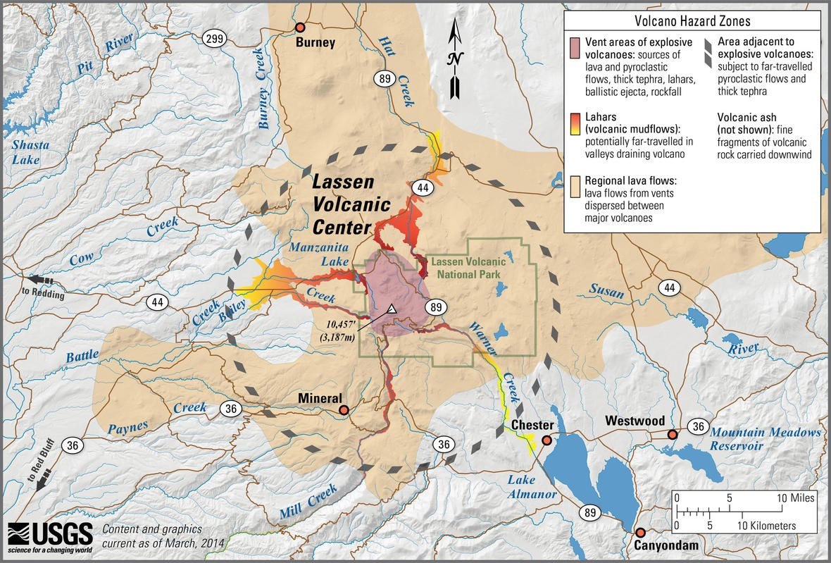 LAVO hazard map map of park unit and major roads and lahar flow paths