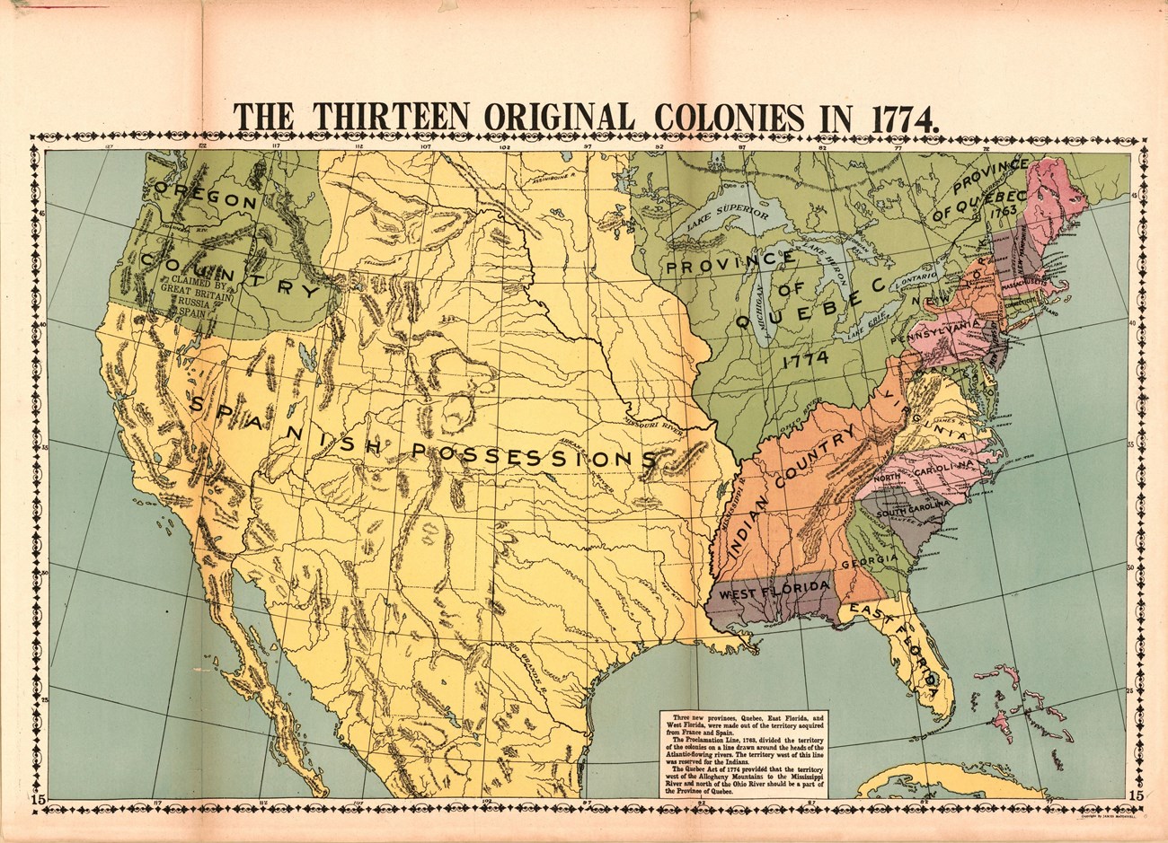 Old map showing the original 13 colonies in 1774