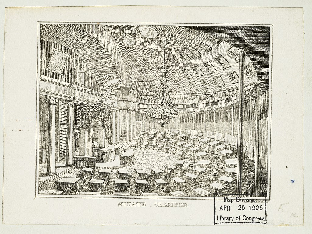 Lithograph of the old Senate chamber Lithograph of the old Senate chamber, a semi-circle of empty desks and chairs