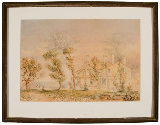 Watercolor painting of landscape with yellow house and trees in front.