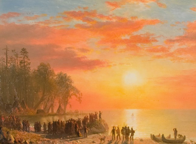 Water color painting of pink and orange sunset over water and a lone canoe on the water with people on shore.