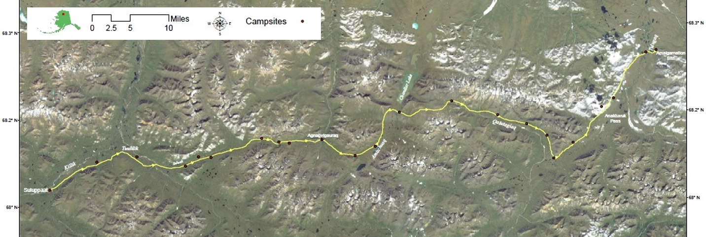 Satellite image map of the Long Walk route from Sulupaat to Tulugaq