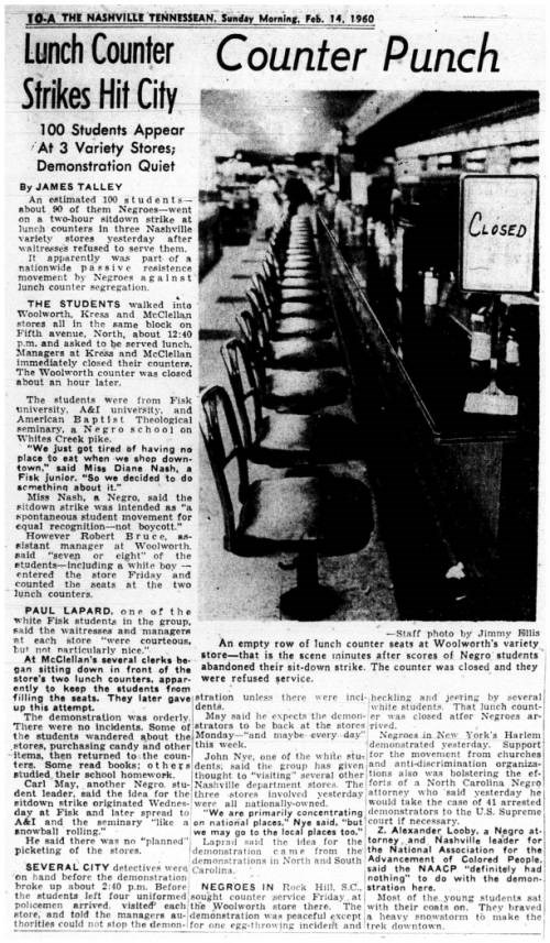 A black and white photo of a newspaper article with headlines reading Lunch Counter Strikes Hit City and Counter Punch