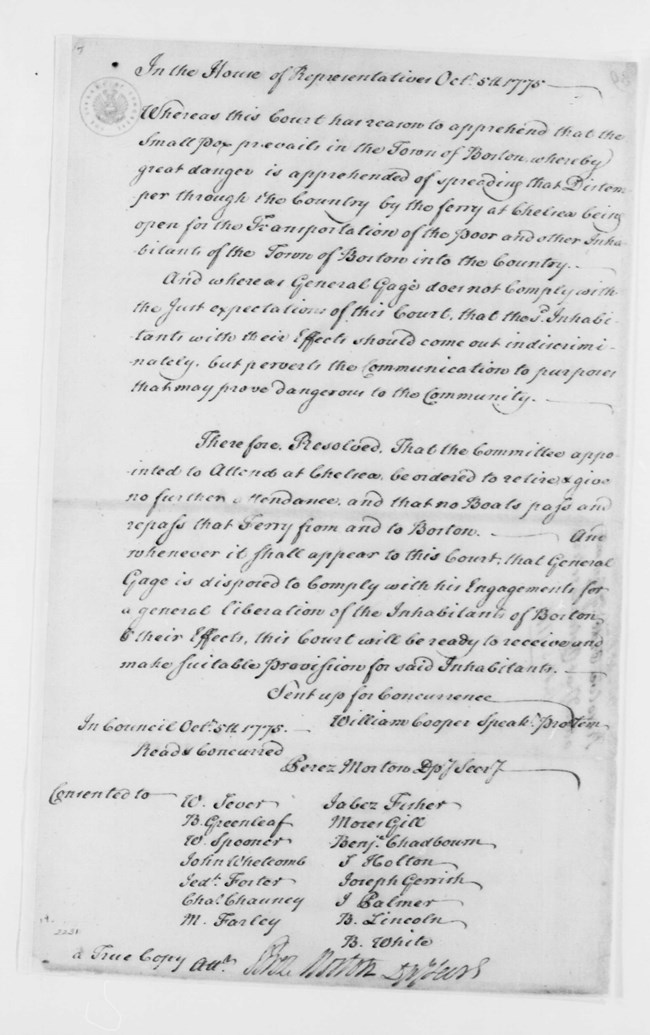 MAHouseWashingtonInoculation Document from the MA House about Smallpox and Inoculation