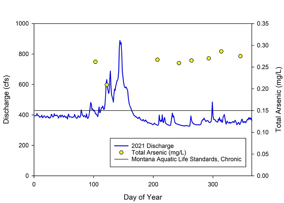 Graph of daily water discharge and total arsenic Line graph of 2021 daily water discharge with total arsenic measurements. Arsenic exceeded the Montana standards on all sampling events.
