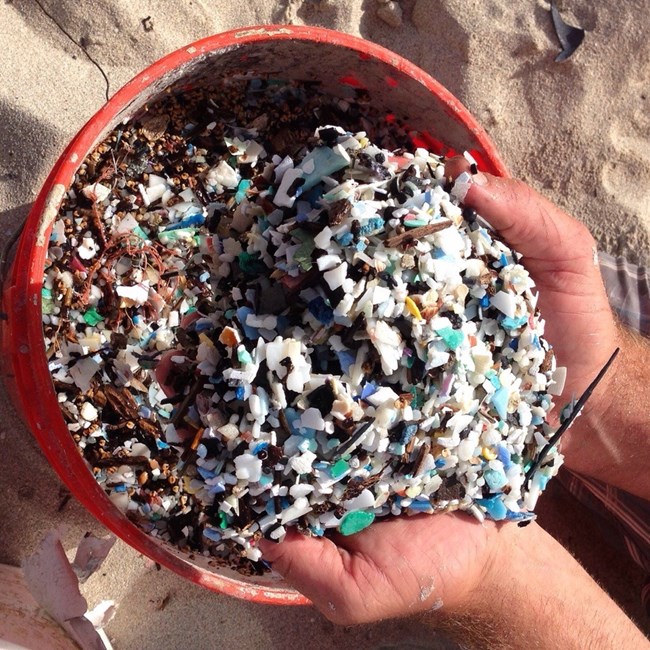 A person scooping multicolored microplastics out of a bucket with their hands.