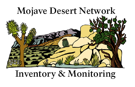 Logo of Mojave Desert Network showing a desert landscape with Joshua tree, cacti, white pine, shrubs, rocks and distant mountains