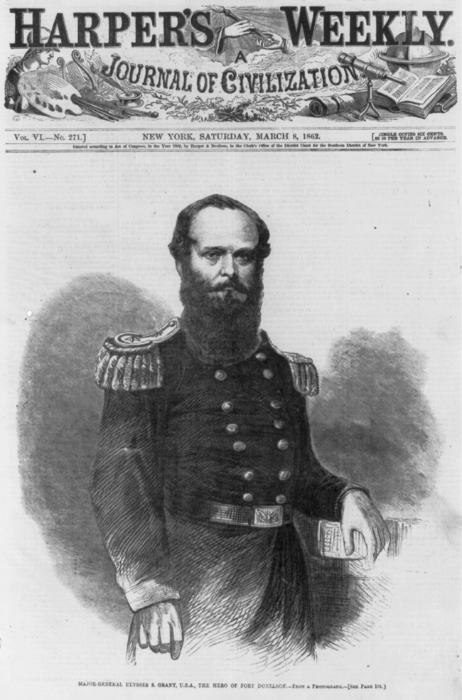 Black and white newspaper photo reading Harpurs Weekly above an image of Grant in illustration with a long beard and uniform looking at the viewer
