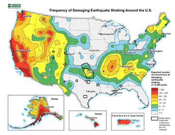 Map showing the predicted frequency of damaging earthquake shaking (USGS, undated).