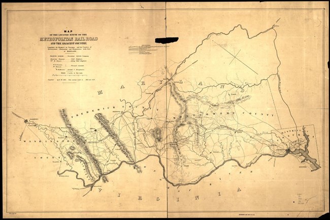 Topographical map of part of Maryland showing relief by hachures, drainage, cities and towns, canals, the Washington Aqueduct, roads, and railroads with mileage on the main survey line.