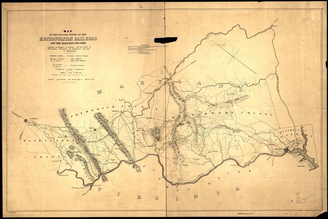 Topographical map of part of Maryland showing relief by hachures, drainage, cities and towns, canals, the Washington Aqueduct, roads, and railroads with mileage on the main survey line. Topographical map of part of Maryland showing relief by hachures, drainage, cities and towns, canals, the Washington Aqueduct, roads, and railroads with mileage on the main survey line.