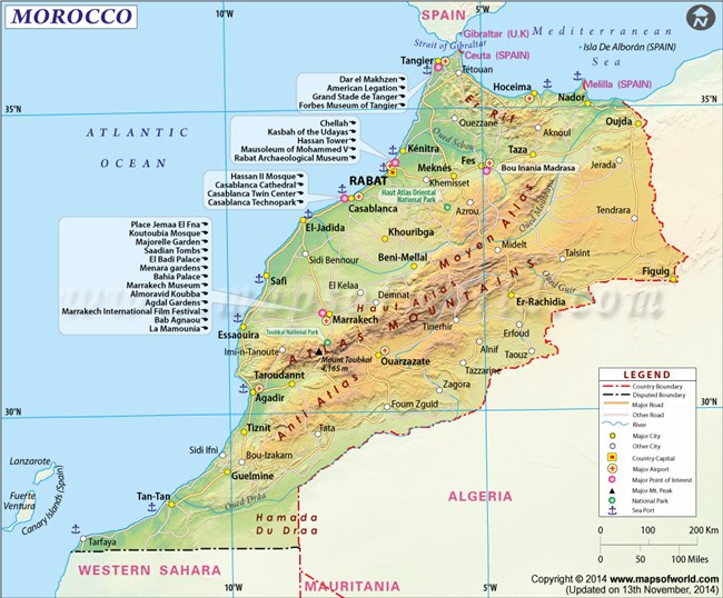 Map of Morocco showing where Toubkal is located.