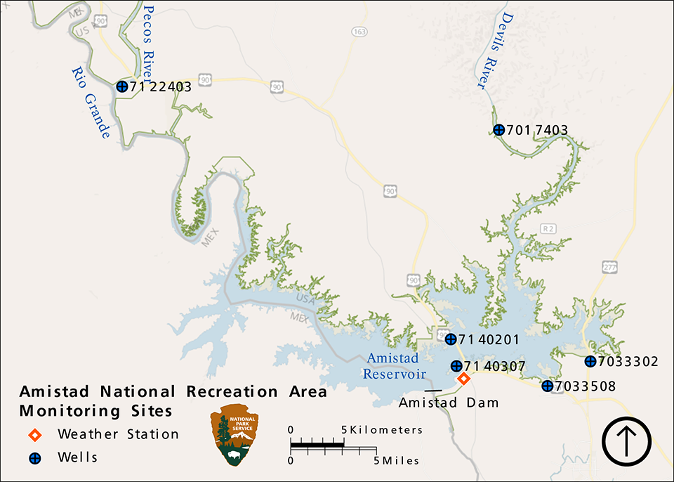 Figure A. A map of Amistad National Recreation Area showing the location of a weather station and groundwater wells.