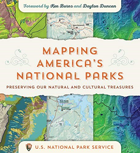 Cover image of Mapping National Parks book shows title words, examples of maps in the book, and foreword author names.