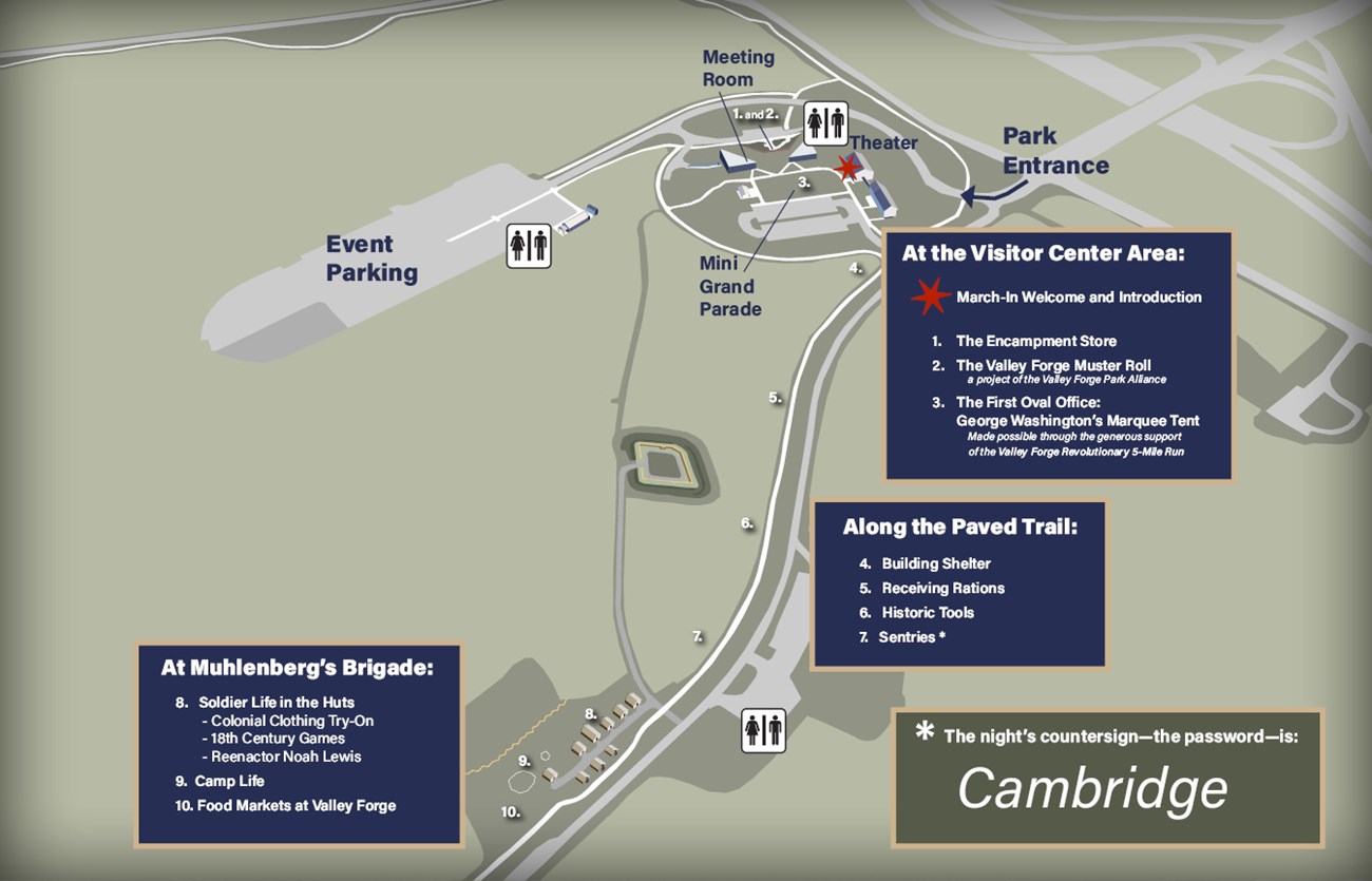 Map graphic showing roads and park entrance, event parking lot, the meeting room, theater, and Mini Grand Parade. Text boxes describe activities that correspond to numbers on the map.