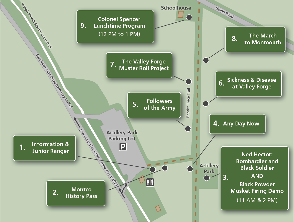 an illustrated map of the artillery park area indicating the locations of 9 activity stations along the Baptist Trace trail to the east of the Artillery Park parking lot.