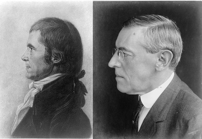 A portrait of John Marshall and a portrait of Woodrow Wilson