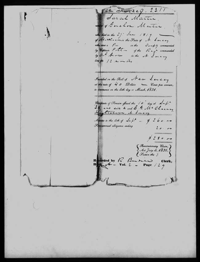 A historic document with cursive writing referring to Sarah Martin's pension application