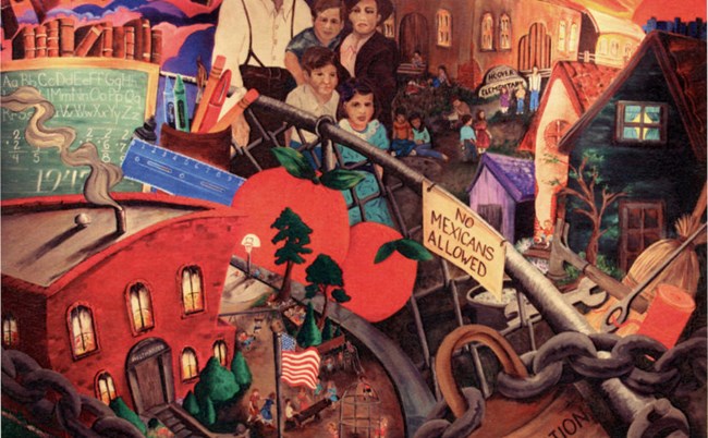 painted mural with overlapping components including a school house, a family with three children, a chain with a lock labeled segregation, and a fence across the center with a sign "No Mexicans Allowed."