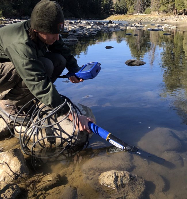 Water quality monitoring A person crouched down by flowing water holding water quality equipment.