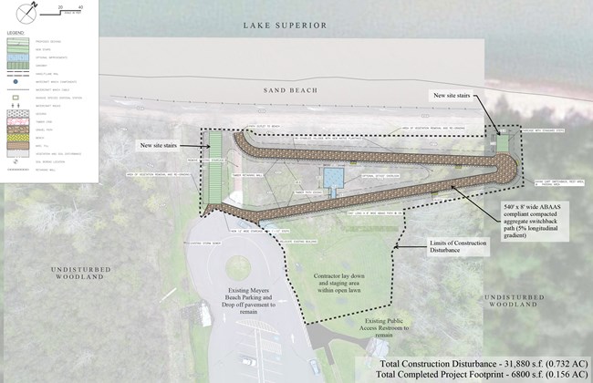 Aerial construction plan drawing of an accessible ramp leading from a parking area down to a beach.