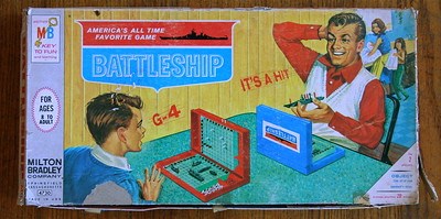 Box of the Battleship boardgame with a boy and man leaning over half folded boards. The boy yells “G-4” and the man replies “It’s a Hit!” Box looks worn around the edges.