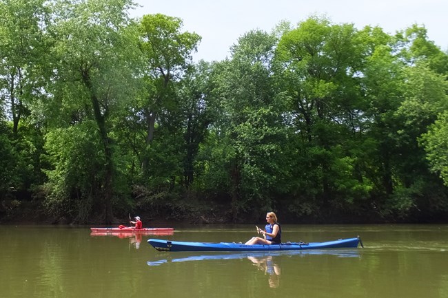 Two paddlers going down a calm river.