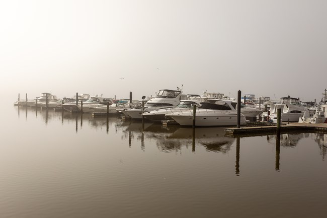 Boats moored to a pier on calm, foggy water.