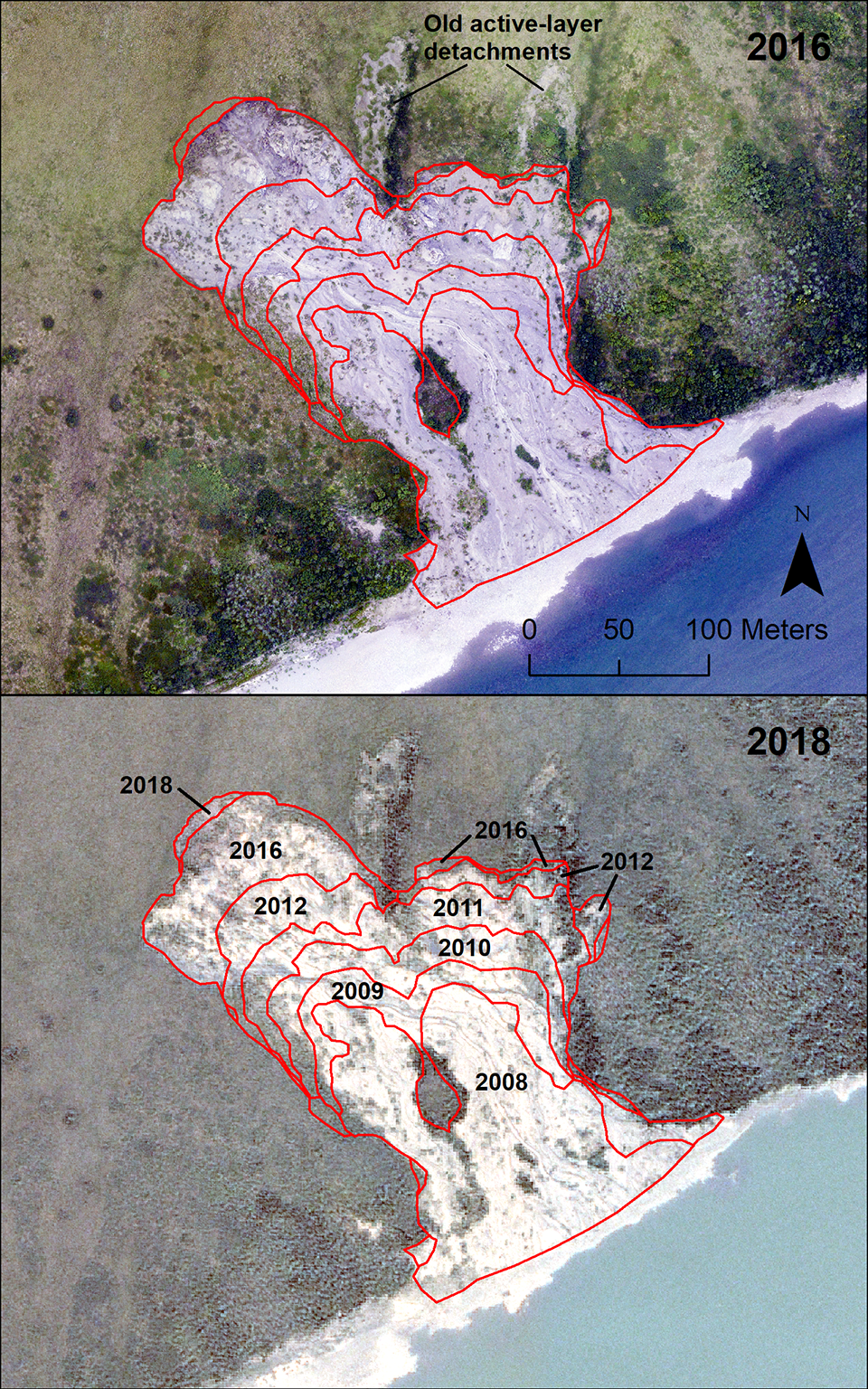 An image of a large Retrogressive Thaw Slump on the Noatak River near Akikukchiak Creek showing it grew steadily in area from 2008 through 2016.