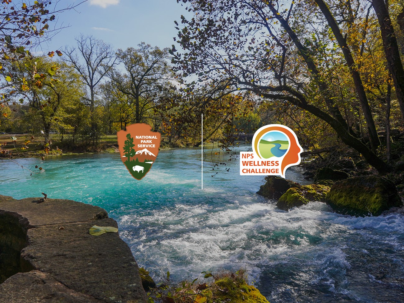 NPS Wellness Hero with Arrowhead NPS Wellness Logo with Arrowhead in front of Ozark Scenic Riverways