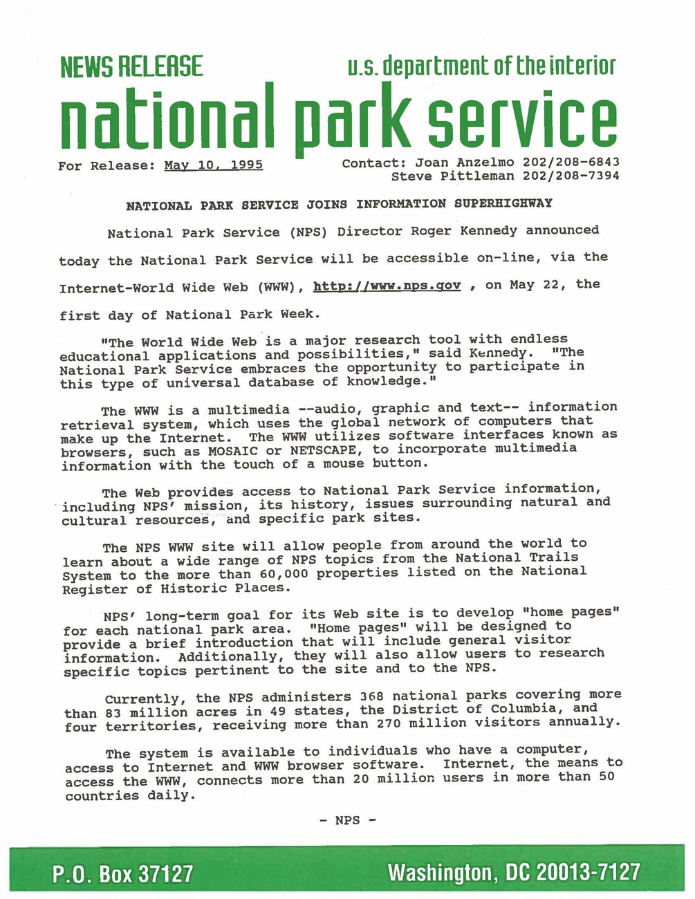 bright green text at the top of a national park service press release from 1995