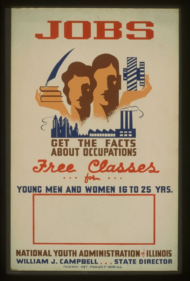 National Youth Administration Poster. Library of Congress Illustrated Poster of a white woman holding books and quill pen and a white man holding a model airplane over the factory skyline. Text includes "JOBS. Get the facts about occupations. Free Classes for Young Men and Women 16-25 yrs. National Youth Admin