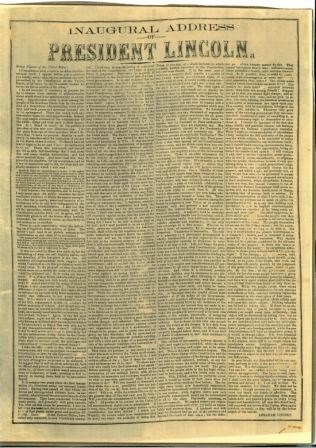A yellowed newspaper page with a header banner reading, “Inaugural Address: President Lincoln,” above a page of text.
