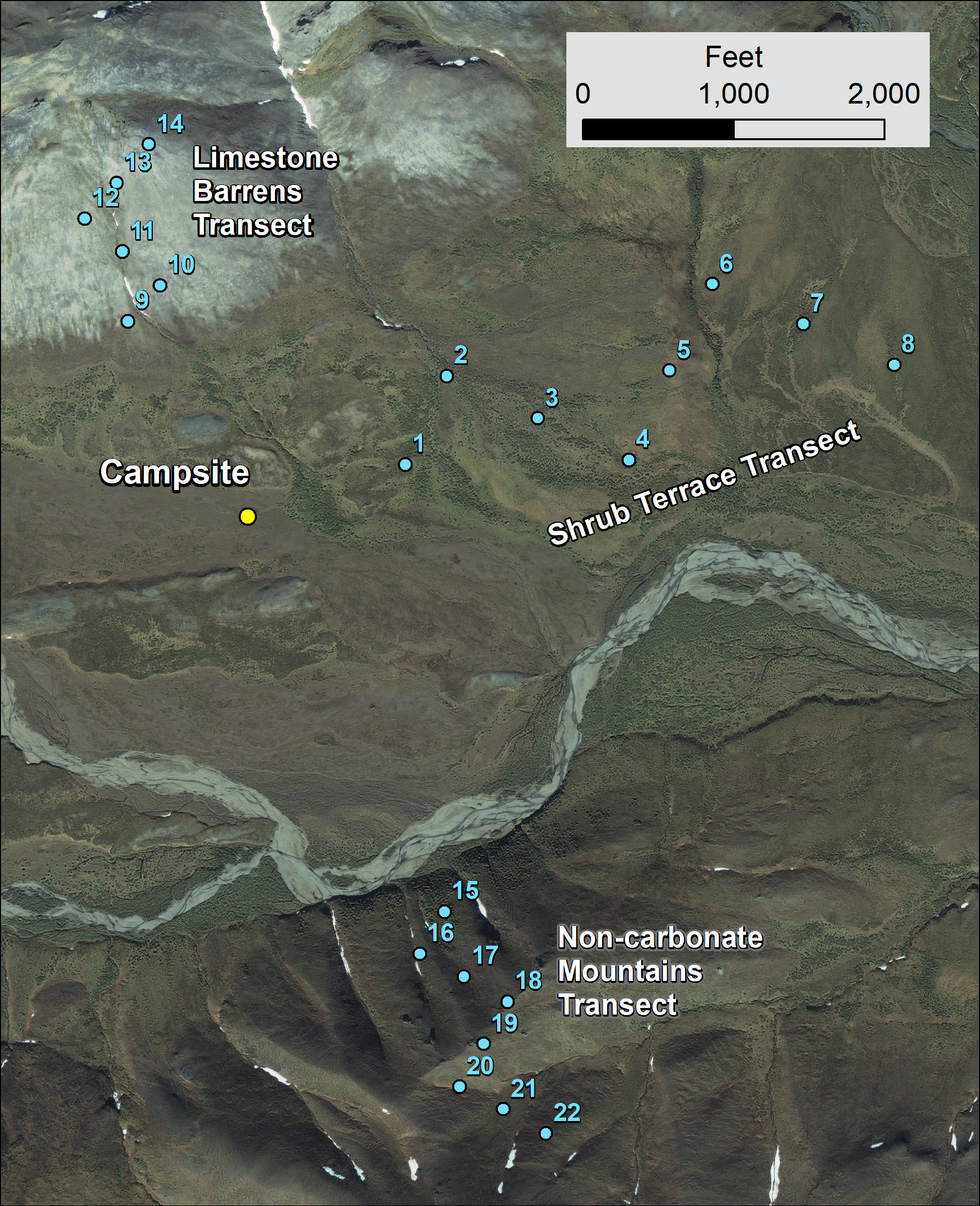 An example vegetation monitoring location in the Noatak National Preserve. The campsite is accessible by a gravel landing strip and 22 monitoring plots are located nearby on different kinds of landscapes