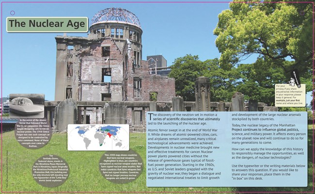 An exhibit panel with text and an image of a damaged concrete dome.