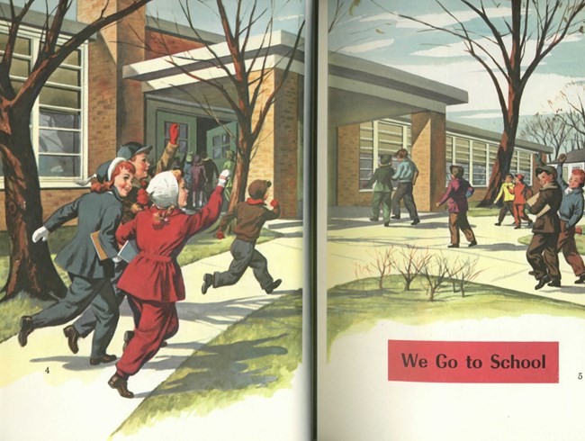 Pages 4 and 5 of On Cherry Street, containing an illustration of children walking into a school