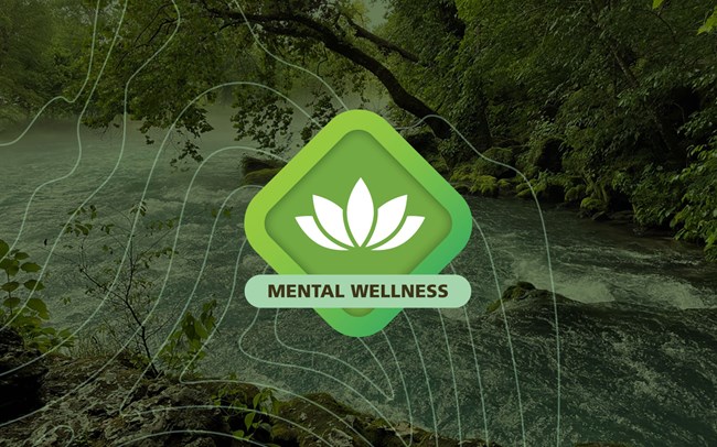 Mental wellness a green diamond graphic with a lotus flower in the center and the words Mental Wellness on top of a green tinted photo of Big Spring with flowing water surrounded by rocks.