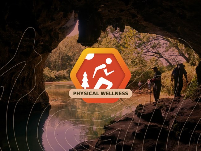 an orange hexagon graphic of a person running on top of an orange tinted photo of people standing at the entrance of a cave filled with water and flowing into the river