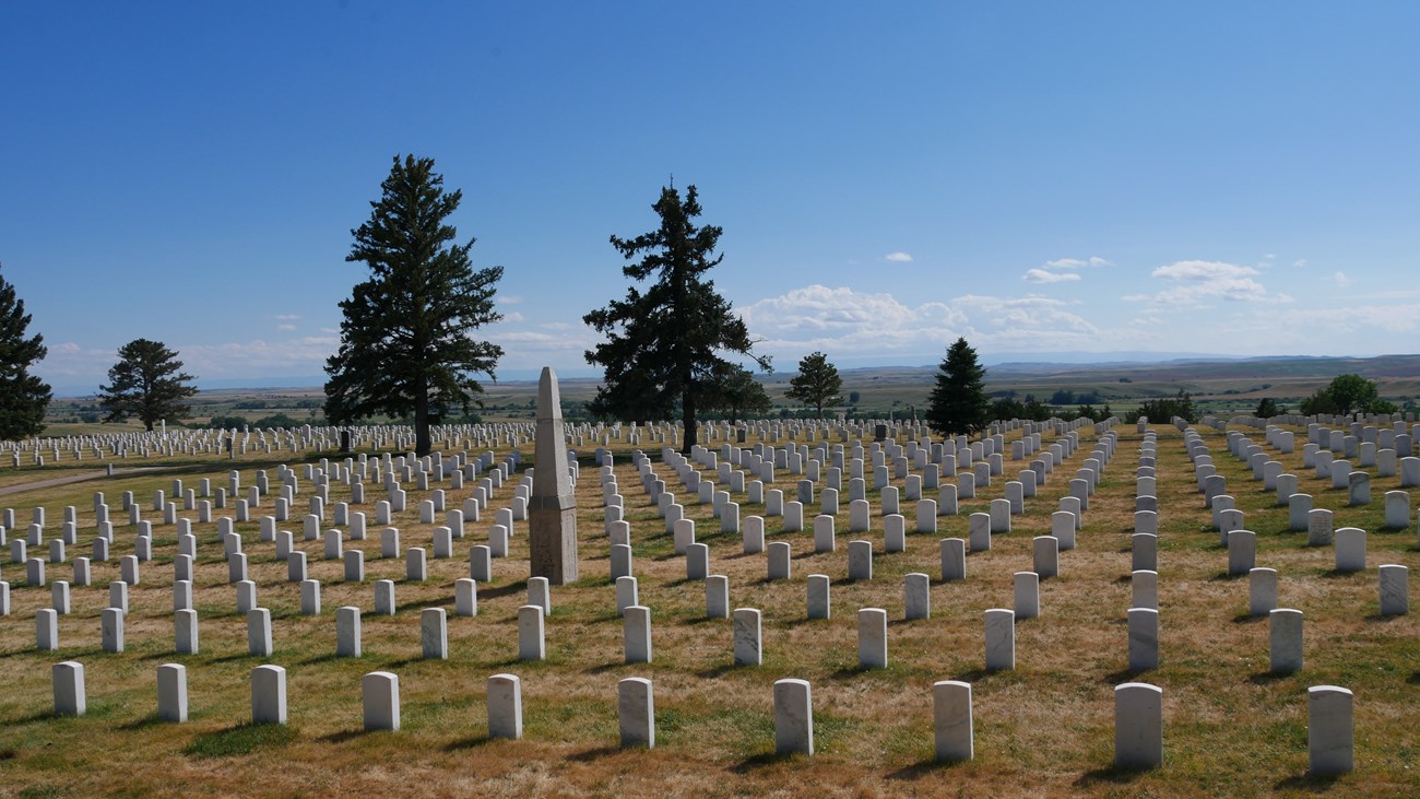 An obelisk monument stands out above straight rows of uniform white headstones, with some scattered conifers and an expansive view.