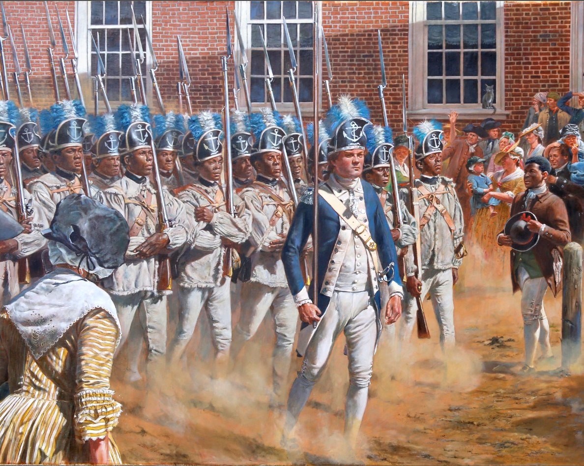 The painting depicts Black Soldiers marching in a disciplined column, kicking-up dust from the city street, as civilians watch them go by, like a parade.