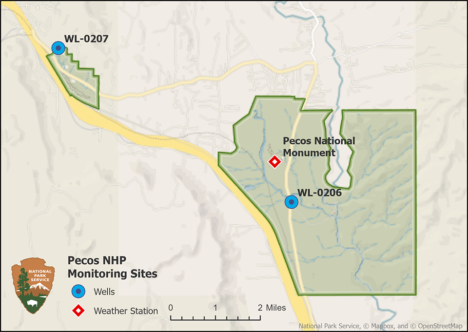 Map of Pecos National Historical Park with a well and weather station in the main unit and a well to the northwest in the Pigeon's Ranch unit.