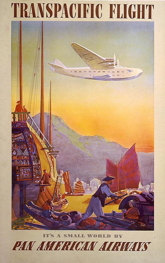 A graphic poster of a Pan Am clipper plane flying over an Asian harbor with people and vessels working. On the shore of the harbor is a city, and behind that are mountains. The sky is orange and yellow, like a sunrise or sunset.