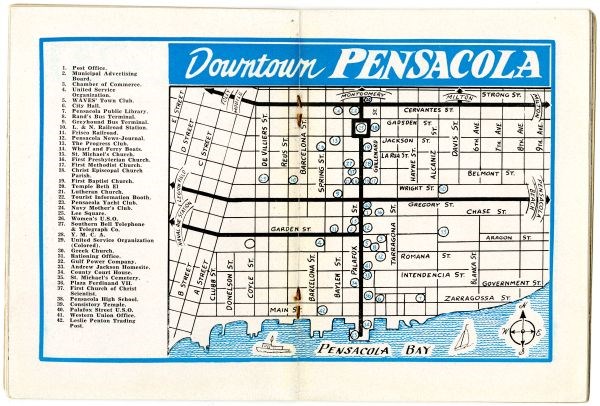 Drawn map of "Downtown Pensacola" with places numbered and a key on the left